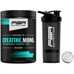 FSA NUTRITION Set Kreatin Monohydrat Pulver 500g + Shaker mit Pulverfach Schwarz - Pulver + Shaker