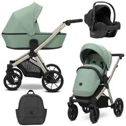 KUNERT Kombi-Kinderwagen BRAV 3 in1 Kinderwagen Champagnerrahmen und Gelrädern für Komfort, Leichtes Aluminiumgestell, 5-Punkt-Sicherheitsgurte grün