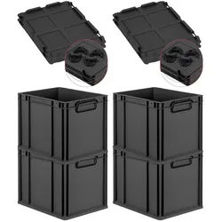 PROREGAL SuperSparSet 4x Eurobox NextGen Color mit Auflagedeckel & Verschlüsse, HxBxT 32x30x40cm, 30L, Schwarz, Griffe schwarz zu, Eurobehälter