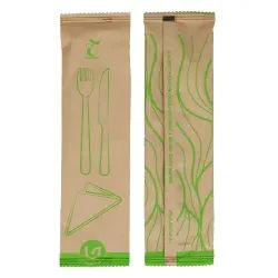 Verive Holzbesteck Set, gewachst, 3-teilig, Umweltfreundliches Set mit Gabel, Messer und Serviette, 1 Packung = 100 Stück
