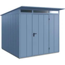 Hörmann Metall-Gerätehaus EcoStar Premiumline mit Pultdach B 238 x 238 cm (Typ 2), Motiv Design (mit breiten Lamellen), Einzeltür Türanschlag frei wählbar, Taubenblau (RAL 5014)