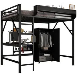 Okwish Hochbett 140/200 cm schwarz aus Metall und MDF mit Schreibtisch und Kleiderschrank , Schwarz , Holzwerkstoff , 140x200 cm , Babymöbel & Kindermöbel, Kinderzimmer & Jugendzimmer, Kinderbetten, Hochbetten