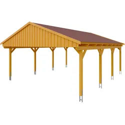 Skan Holz Fichtelberg - Satteldach Doppelcarport Breite 423 cm Gr. 2 - 618 x 808 cm Dachschalung mit Dachschindeln (rot) eiche hell Holzcarport