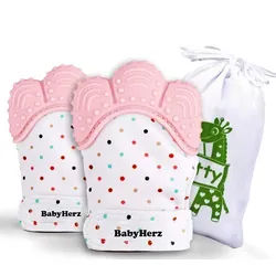 BabyHerz Beißring Baby Beißring Handschuhe Zahnungshilfe - Handschuh Zahnungsset 2 Stück, 2 Stück, Silikon 100% BPA-frei rosa