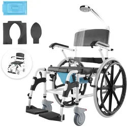 VEVOR Duschrollstuhl, 17,5 Zoll breiter Badezimmerrollstuhl aus Aluminiumlegierung für die Innendusche, verstellbarer Duschrollstuhl mit Bremse für behinderte Erwachsene, 300 lbs Tragkraft, Dusch-/Toiletten-/Transportstuhl