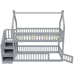 Oxeza Etagenbett 90/200 cm Grau mit Dach, Sicherheitstreppe und Stauraumschubladen , Holz , Mode , Rechteckig , 90x200 cm , Babymöbel & Kindermöbel, Kinderzimmer & Jugendzimmer, Stockbetten