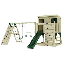 OutdoorToys Spielturm Aksel, aus Holz in Dunkelgrün mit Trapezstange & Rutsche, Kletterwand grün