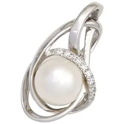 JOBO Perlenanhänger Anhänger Weißgoldanhänger verschlungen 22 mm, 14 Karat 585 Weißgold mit Perle und 9 Diamanten silberfarben