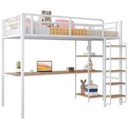 HAUSS SPOLE Hochbett 90x200 cm, mit Tisch und Regalen, Zaun, Sicherheitsleiter Weiß (Metall-Hochbett,mit einzigartiger Sicherheitsleiter, unter dem Bett Tisch und Regale, robustes Metallgestell mit Sicherheitsgitter, ideal für Kinderzimmer und Jugendzimmer., 90x200 cm) ohne Matratze