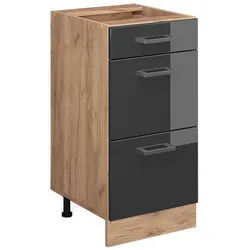 Vicco Küchenunterschrank R-Line Anthrazit Hochglanz 40 cm mit Schubladen ohne Ap , Schwarz Hochglanz, Honigeiche , Holzwerkstoff , 3 Fächer , 3 Schubladen , Rechteckig , 40x81.6x46 cm , Küchen, Küchenmöbel, Küchenschränke, Küchenunterschränke