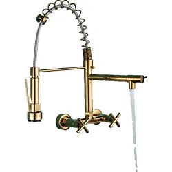 KLARWERK® Björn | Gastronomie Armatur Wandmontage Gold glänzend | Profi Küchenarmatur Edelstahl Zwei Brausen | Doppelspülbecken Wasserhahn Restaurant