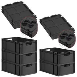 PROREGAL SparSet 5x Eurobox NextGen Color mit Auflagedeckel & Verschlüsse, HxBxT 22x40x60cm, 44L, Schwarz, Griffe schwarz offen, Eurobehälter