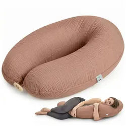 SEI Design Stillkissen Kapok-Füllung XXL 190x35 cm, Musselinbezug Bio-Baumwolle, ergonomisch, Schwangerschaftskissen mit Bezug, Seitenschläferkissen mit Kapok-Füllung, 100% Naturkissen, Musselin-Bezug aus Bio-Baumwolle braun