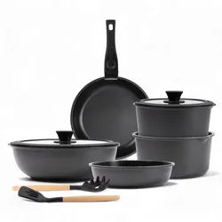 BERGNER Click&Cook - 10-teiliges schwarzes Kochgeschirr-Set mit abnehmbaren Griffen: 3 Bratpfannen, 2 Töpfe, Deckel und Küchenhelfer aus Aluminiumguss