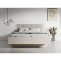 Raumhirsch Furniture Bettgestell Funktionsbett, Doppelbett 180x200, Bett mit Stauraum (Maße: 210 x 101,5 x 206 cm (gepolstertes Kopfteil, abgerundete Kanten), stabiles Bettgestell, komfortables Anlehnen, ohne Lattenrost beige 210 cm x 102 cm