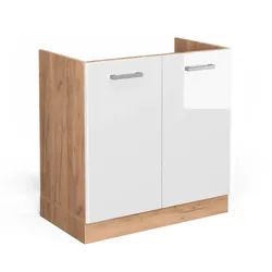 Vicco Spülenunterschrank R-Line Weiß Hochglanz 80 cm ohne Ap , Weiß Hochglanz, Honigeiche , Holzwerkstoff , 1 Fächer , Rechteckig , 80x81.6x46 cm , Küchen, Küchenmöbel, Küchenschränke, Küchenunterschränke