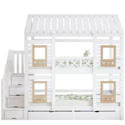 OKWISH Etagenbett Kinderbett, 90x200cm, mit Fallschutz, Fensterdesign & 2 Schubladen (Jugendbett Holzbett Stauraumbett, Treppe mit Ablagefächern, Massivholz & MDF, für Jungen & Mädchen), Ohne Matratze