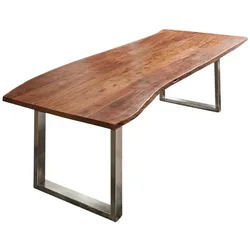 SAM® Baumkantentisch Bernhard, massives Akazienholz, natürliche Baumkante, Metallgestell U-Form braun 200 cm x 77 cm x 100 cm