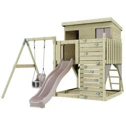 OutdoorToys Spielturm Tjorven, aus Holz in Altrosa mit Babyschaukel & Rutsche, Kletterwand rosa