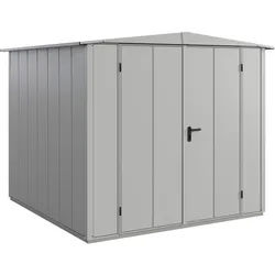 Hörmann Metall-Gerätehaus Berry mit Satteldach B 238 x T 238 cm (Typ 2), Motiv Modern (mit breiten Lamellen), Doppeltür, Weißaluminium (RAL 9006)