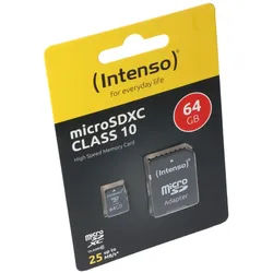 Intenso microSDXC Card 64GB, Class 10 (R) 25MB/s, (W) 10MB/s, SD-Adapter, Retail-Blister