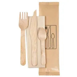 DUNI Holzbesteck Set, 4-teilig, Umweltfreundliches BioPak Einweggeschirr aus Holz, 1 x Messer, 1 x Gabel, 1 x Serviette, 1 x Kaffeeöffel, 250 Sets