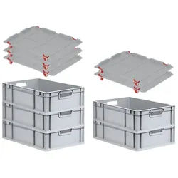 PROREGAL SuperSparSet 5x Eurobox NextGen Grip mit Auflagedeckel & 4 roten Verschlüssen, HxBxT 17x40x60cm, 34L, Grau, Griffe offen, Eurobehälter