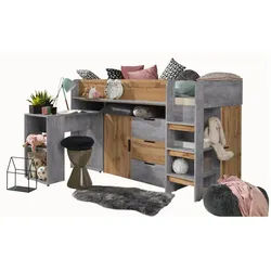 Abiks Möbel Hochbett mit Schreibtisch 90/200 cm , Grau, Eiche Wotan , Holz , Nachbildung , 7 Fächer , 3 Schubladen , 90x200 cm , Babymöbel & Kindermöbel, Kinderzimmer & Jugendzimmer, Kinderbetten, Hochbetten