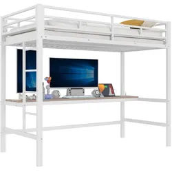 Okwish Hochbett 90/200 cm mit Geländer Tisch und USB-Anschlüssen , Weiß , Metall , 90x200 cm , Babymöbel & Kindermöbel, Kinderzimmer & Jugendzimmer, Kinderbetten, Hochbetten