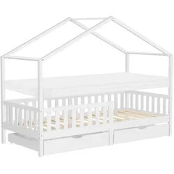 Ml-Design Hausbett mit Matratze 90x200 cm und 2 Schubladen Weiß aus Kiefernholz , Holz , Rechteckig , 90x200 cm , Babymöbel & Kindermöbel, Kinderzimmer & Jugendzimmer, Kinderbetten, Spielbetten