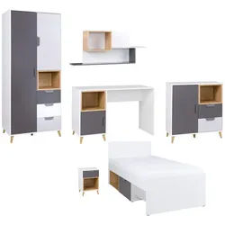 Deine Möbel 24 Jugendzimmer-Set Justin G 6-teilig in Weiß / Graphit / Grau / Eiche , Weiß, Graphitfarben, Grau, Eichefarben , Holzwerkstoff , 536x190x204 cm , Babymöbel & Kindermöbel, Kinderzimmer & Jugendzimmer, komplette Jugendzimmer
