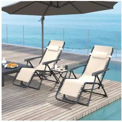 Outsunny Gartenliege mit Teetisch, 2 Stühle, Kopfkissen, aus Metall, 3-TLG. Sonnenliege, 1 St., wetterfest Relaxliege, für Garten, Terrasse, 90 x 56 x 110 cm, Beige gelb