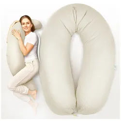 SEI Design Stillkissen Seitenschläferkissen XXL Babynest - Baby Erstausstattung Neugeborene, Schwangerschaftskissen 190x30 cm, Schwangerschaftskissen mit Bezug, Musselin Bezug 100% BIO Baumwolle, 100% Vegan beige 35 cm x 190 cm