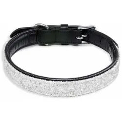 Monkimau Hunde-Halsband Hundehalsband Leder Halsband Hund schwarz mit weißen Pailletten S-XS, Leder schwarz S - 20mm x 45cm
