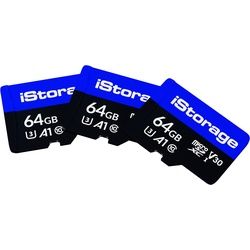 iStorage microSD [3-Pack] (microSDXC, 64 GB, U3, UHS-III), Speicherkarte, Blau, Schwarz