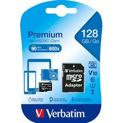 Verbatim microSDXC Card 128GB, Premium, Class 10, U1 (R) 90MB/s, (W) 10MB/s, SD Adapter, Retail-Blister