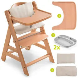 Hauck Hochstuhl Alpha Plus Move Natur (5 St), Holz Kinderhochstuhl inkl. Essbrett, Sitzkissen und 2 x Silikon Teller beige