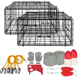 VEVOR Krabbenfalle 2er-Pack, 62 x 62 x 30 cm Krabbenreuse für Dungeness Crabs, PVC-beschichtetes Drahtgeflecht, inkl. 30 m Bleileine, Boje (Rot+ Weiß) und Handschuhen, Angelzubehör für Salzwasser