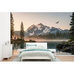 MuchoWow Fototapete Berge - Wasser - Bäume, Matt, bedruckt, Wallpaper für Wohnzimmer, Schlafzimmer, Vinyl Tapete, 390x260 cm 3.9 m x 3 m