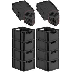 PROREGAL SuperSparSet 8x Eurobox NextGen Color mit Auflagedeckel & Verschlüsse, HxBxT 22x30x40cm, 20L, Schwarz, Griffe schwarz offen, Eurobehälter
