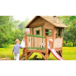 Spielhaus Garten Sara 177 x 264 x 203 cm - Kinderspielhaus aus Hemlockholz, Braun / Weiß, Weiß - Holzspielhaus für Garten - Kinderhaus mit Rutsche