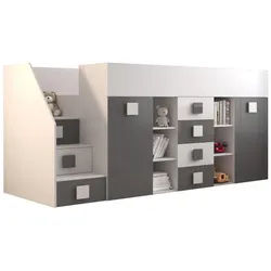 Möbel Kryspol Hochbett 248,5/93/123 , Weiß, Grau , Holz , Nachbildung , 90x200 cm , Babymöbel & Kindermöbel, Kinderzimmer & Jugendzimmer, Kinderbetten, Hochbetten