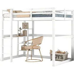 Okwish Hochbett 140/200 cm mit Stauraum aus Kiefer mit Schreibtisch , Weiß , Holz , 140x200 cm , Babymöbel & Kindermöbel, Kinderzimmer & Jugendzimmer, Kinderbetten, Hochbetten