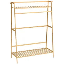 HOMCOM Bambus-Kleiderständer mit 2 Ablagen, 2 Haken und einer Kleiderstange, 114 x 40 x 139 cm, naturfarben