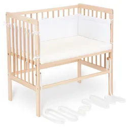 FabiMax Beistellbett Babybett Boxspring klar lackiert, 90 x 55 cm Liegefläche, aus Buchenholz, Stufenlos höhenverstellbar 40-73 cm, Holz-Lattenrost weiß