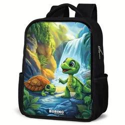 NoBoringSuitcases.com© Rucksack Schildkröte und Dino am Wasserfall im tropischen Wald, Kinderrucksack Schwarz, Schulrucksack, Freizeitrucksack Jungen Mädchen