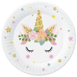 Set mit 6 Papptellern mit Einhorn- und Blumenmotiv - 18 cm