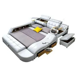 JVmoebel Multimediabett Multifunktionales Polsterbett aus Leder mit Regal-Elementen, Made in Europa weiß