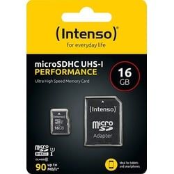 Intenso microSDHC Card 16GB, Performance, Class 10, U1 (R) 90MB/s, (W) 10MB/s, SD-Adapter, Retail-Blister