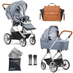Gesslein Kinderwagenset , Blau, Weiß, Cognac , Textil , 57x129x100 cm , EN 1888, UV 50+, Made in Germany , Feststellbremse, Federung, kugelgelagerte Räder, für Babyschale geeignet, Griff in Lederoptik, Reflektorstreifen,5-Punkt-Gurt, Gurtschoner, Schutzbügel abnehmbar, Verdeck abnehmbar, Sichtfenster, Sitz umsetzbar,Matratze, zusammenklappbar, Bezug abnehmbar und waschbar , Baby on Tour, Kinderwagen, Kombikinderwagen